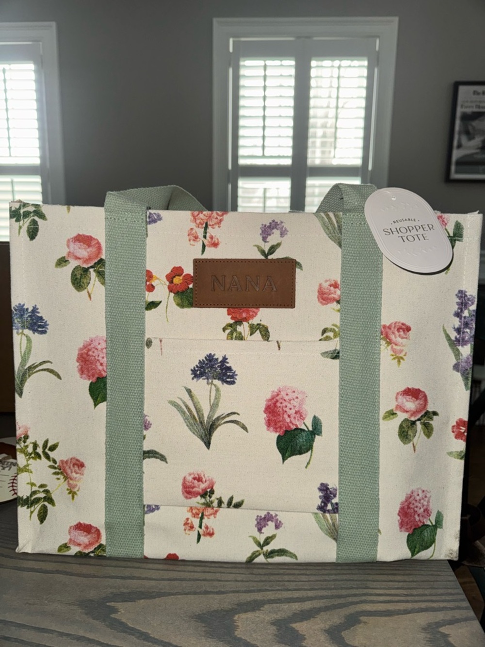 Floral 'NANA' Canvas Shopper Tote in Cream and Sage